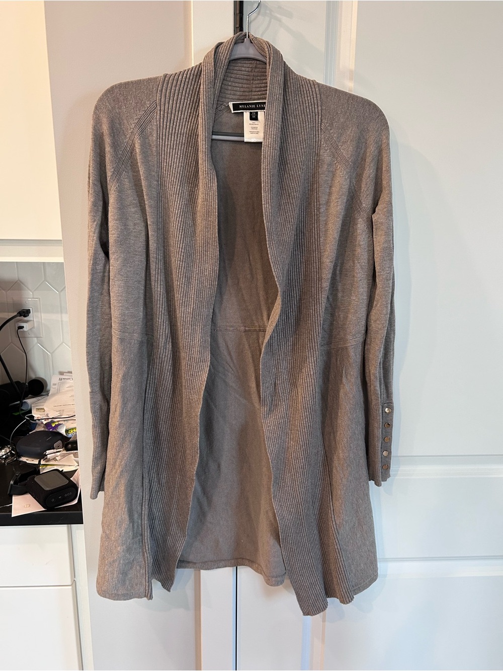 Melanie Lyne Open Front Ribbed Shawl Collar Cardigan Sweater Layering Neutral